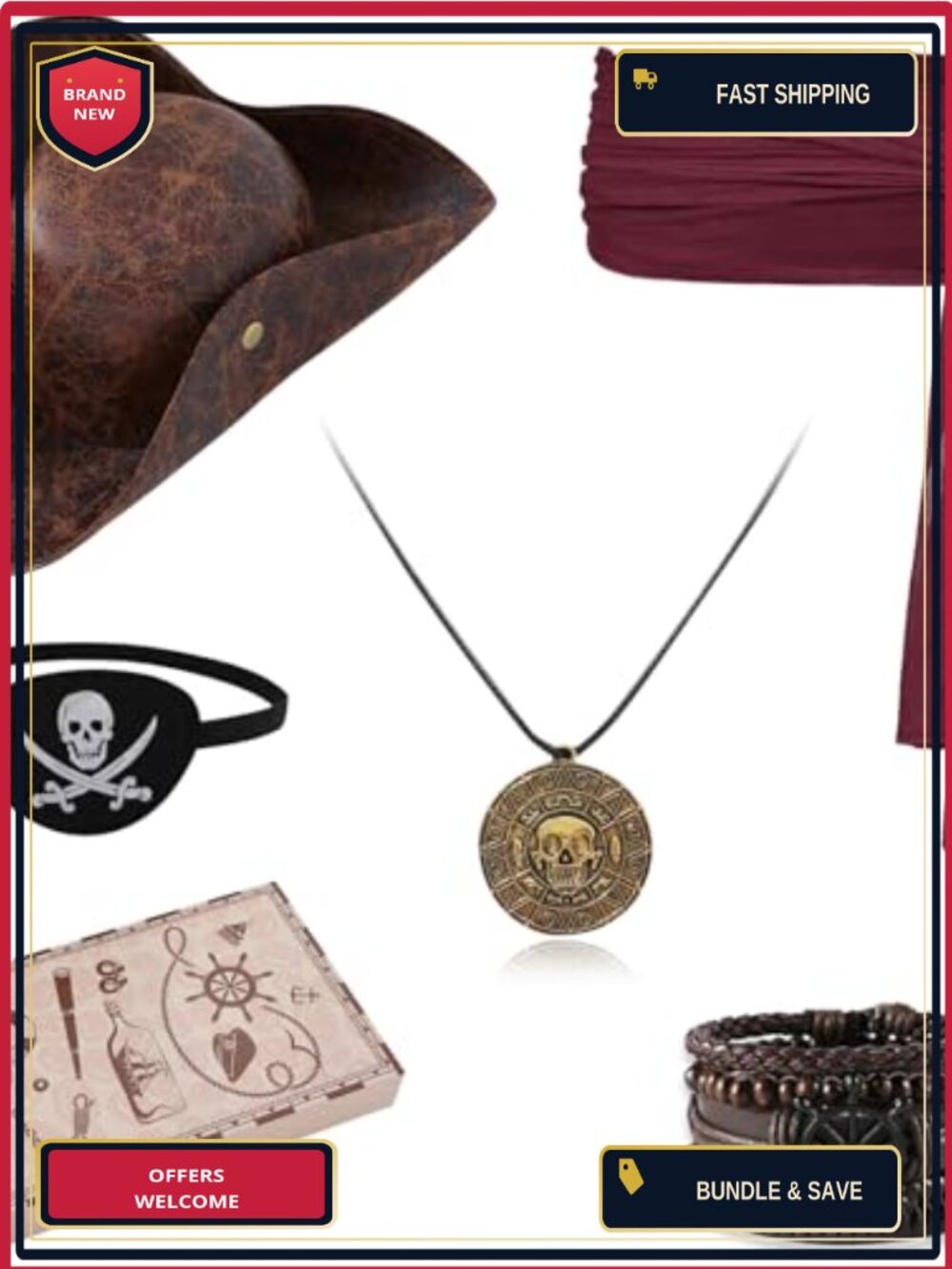 Pirate Accessories Set 5PCS Hat Eye Patch Necklace Sash Bracelet Cosplay